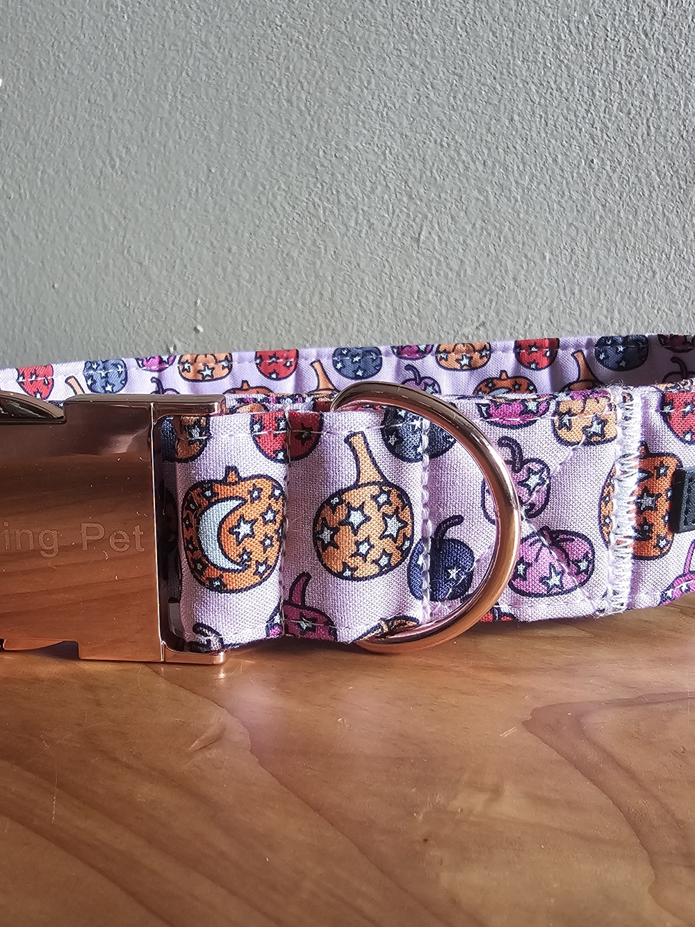 Lavender Pumpkin Print Dog Collar with Rose Gold Hardware - Picture 2 of 5